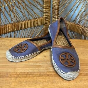 Tory Burch Denim Blue and Leather Toe-Logo Espadrilles - Size 6